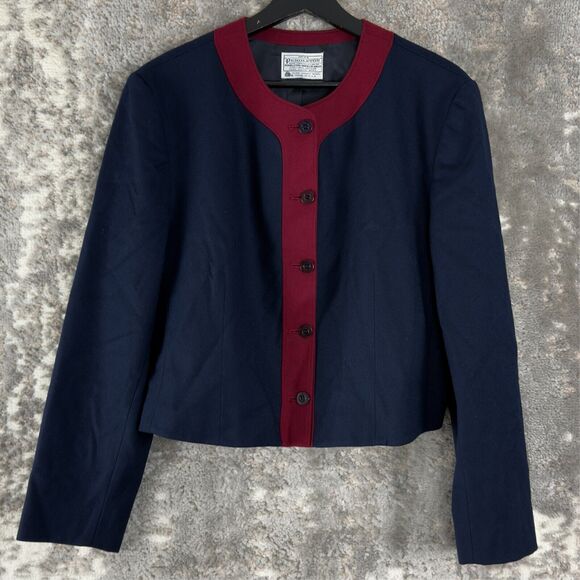 Vintage Miss Pendleton Sz L Pure Virgin Wool Round Neck Blazer Jacket Navy/Red - Picture 1 of 9
